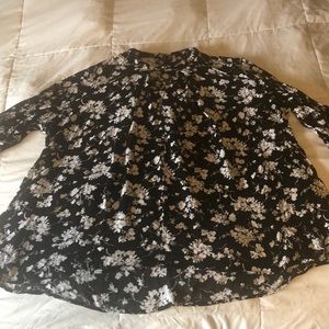 Black & white floral blouse; silver button collar
